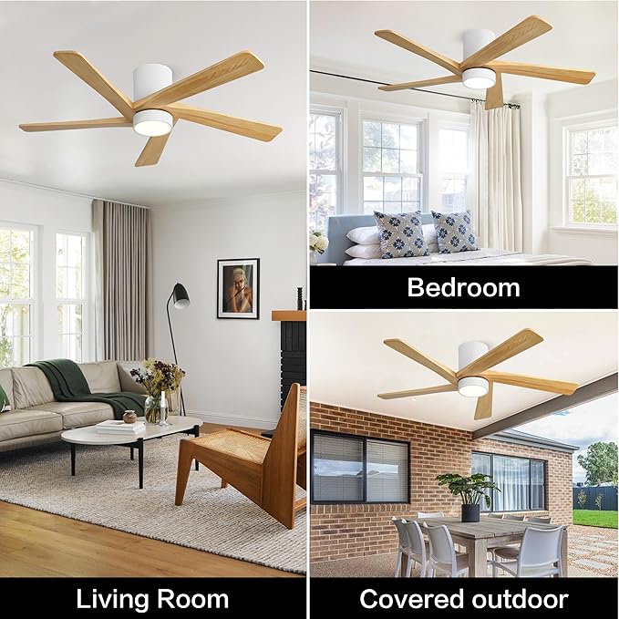 WINGBO 48 Inch Flush Mount DC Ceiling Fan with Lights and Remote, 5 Reversible Carved Wood Blades, 6-Speed Noiseless DC Motor, Hugger Ceiling Fan in White Finish with Oak Blades, ETL Listed