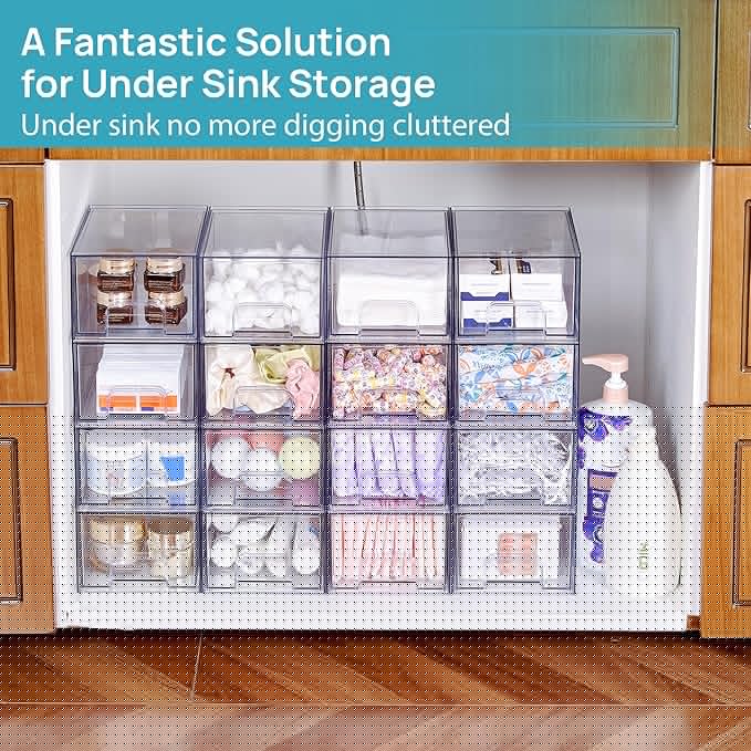 Vtopmart 2 Pack Small Clear Stackable Storage Drawers,Acrylic Bathroom Makeup Organizer,Plastic Storage Bins For Vanity, Undersink, Kitchen Cabinets, Pantry, Home Organization