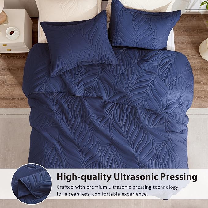 EXQ Home King Quilt Set Leaf Pattern Navy Bedspread | Soft Microfiber Bedspread - Image 3