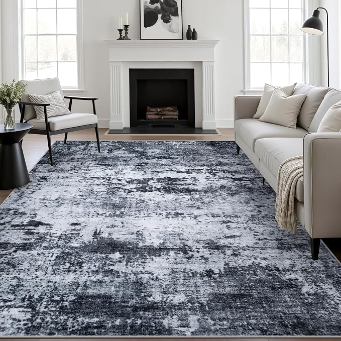 5x8 Area Rug Living Room: Modern Washable Indoor Carpet Black | by FXRHLP