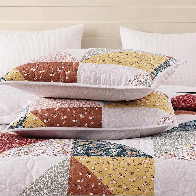 Queen Quilt Set-3 Pieces Soft Bedding Lightweight Floral Patchwork Coverlet | - Image 5
