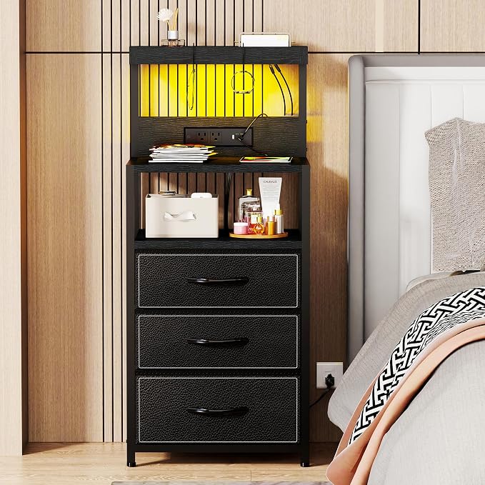 SZLHANJZ LED Nightstand with Charging Station, 3 Fabric Drawers, Storage Side - Image 2