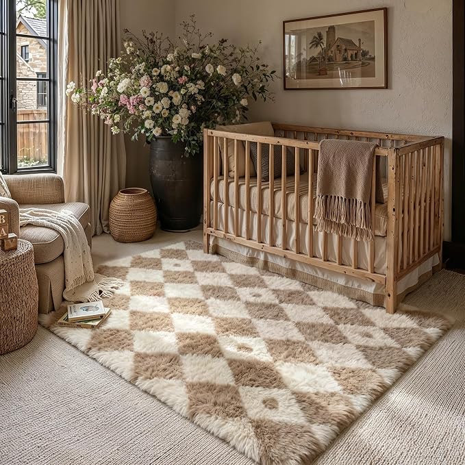 Brown 4x6 Area Rug for Kids Room Soft Fluffy Checkered Shag Carpet | Machine by PureCozy