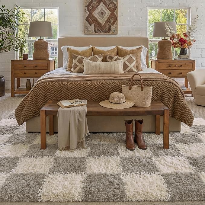 Grey 7x10 Area Rug for Living Room Soft Checkered Shag Carpet | Machine Washable - Image 3