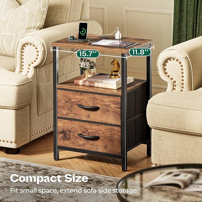 Huuger Night Stand with Charger Station and LED Lights, 2 Drawer Nightstand | - Image 8