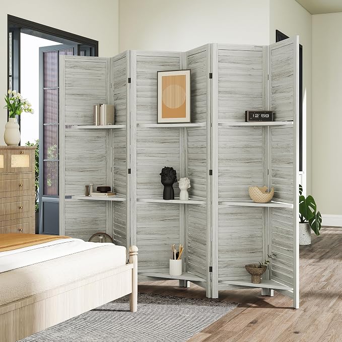 HOMCOM Room Divider with Shelves 6 Panel 67" Wood Screen Distressed White | 3 - Image 8