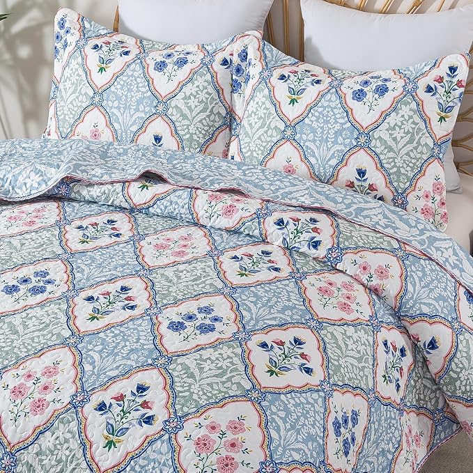 3-Piece Quilt Set Quilted Bedspread Reversible Quilted Bedding Set Garden Style - Image 3