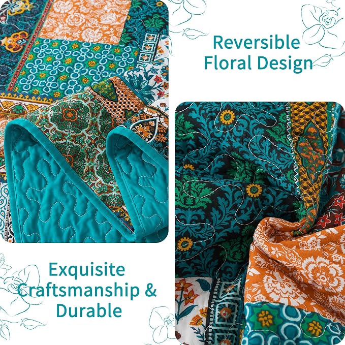 VAPUTAR 100% Cotton Face King Quilt Size, Floral Patchwork King Bedspread | - Image 4