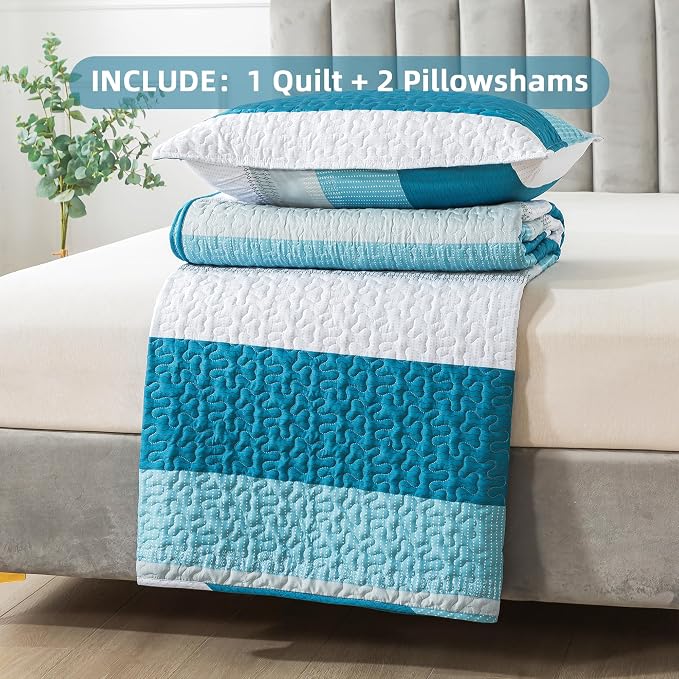 Queen Quilt Set Teal White, 3 Pieces Striped Bedspread | Ultra Soft Summer - Image 7