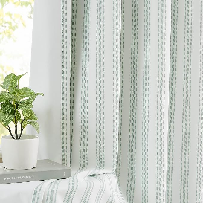ZJDECOR Short Cotton Blend Green White Striped Blackout Curtains 63 Inch | by ZJDECOR