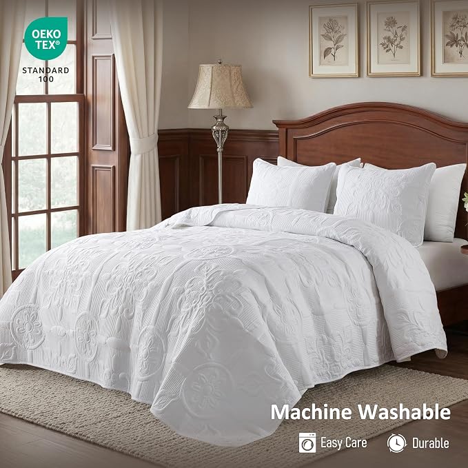 B2EVER White Damask Quilt Queen Size Bedding Sets - Image 2
