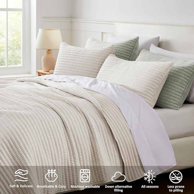 WDCOZY Beige Pick Stitch Queen Size Quilt Set, Striped Lightweight Soft Summer - Image 3