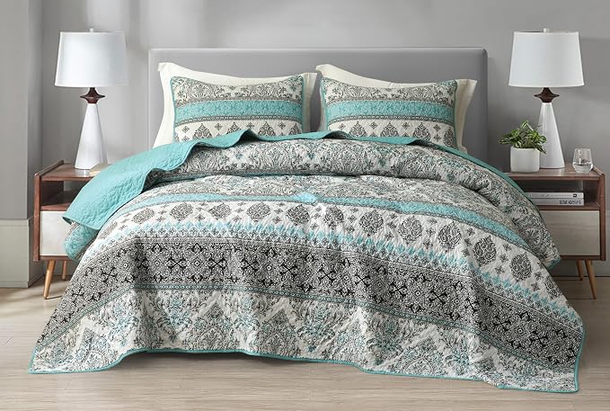 Chezmoi Collection Herald 3-Piece Printed Quilt Set, Aqua Blue Black White Boho by ChezmoiCollection