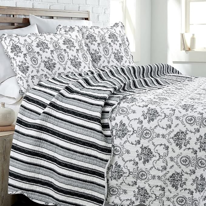 Cozy Line Home Fashions French Medallion Black White Grey Rose Flower Pattern by CozyLineHomeFashions