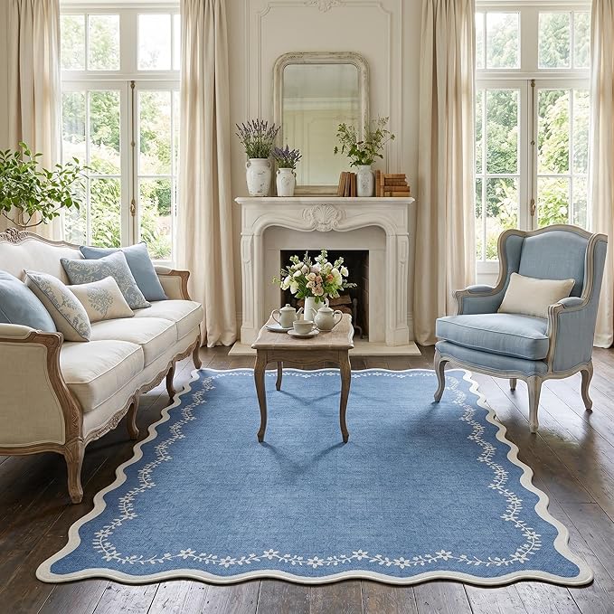 GarveeHome 5x7 Scalloped Area Rug Blue Washable Bedroom Living Room Rug | Soft - Image 3
