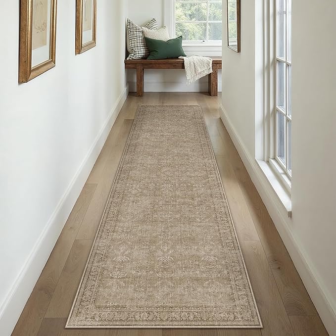 2x10 Light Brown Area Rug Runners for Hallways Washable Vintage Distressed Carpet Low Pile Non Slip Indoor Retro Soft Long Accent Rug Bedroom Kitchen Bathroom Laundry Dining Living Room