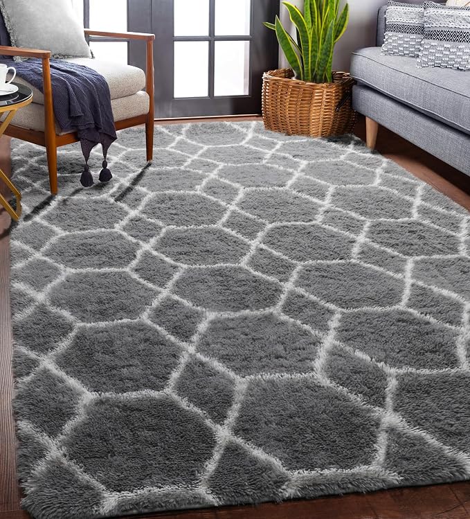 5x7 Area Rugs for Living Room Bedroom, Fluffy Grey and White Faux Fur Bedside - Image 5