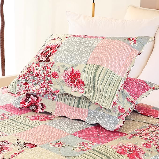 Cmfshape Summer Floral King Quilted Bedspread, Romantic Pink Quilt Set King - Image 5