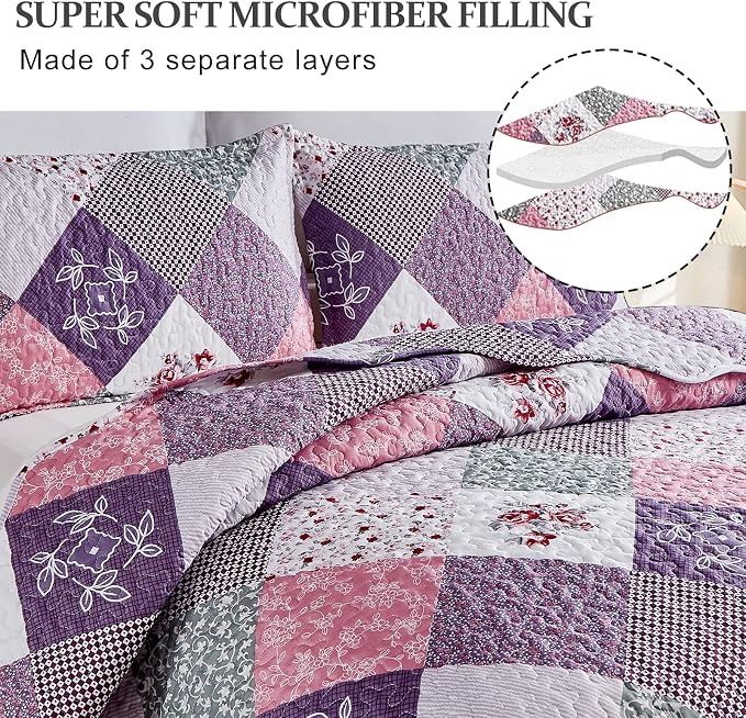 Dinjoy Purple Quilt Set Queen Size, Patchwork Boho Bedding Set, 3 Pieces | - Image 3