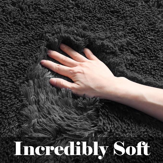 Black Area Rugs 9x12 Living Room, Large Fluffy Shag Bedroom Rug, Soft Plush - Image 2