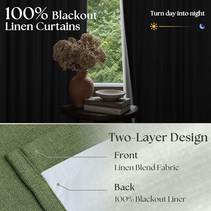 100 Inch Olive Green Linen Pinch Pleated Blackout Curtains - Image 2