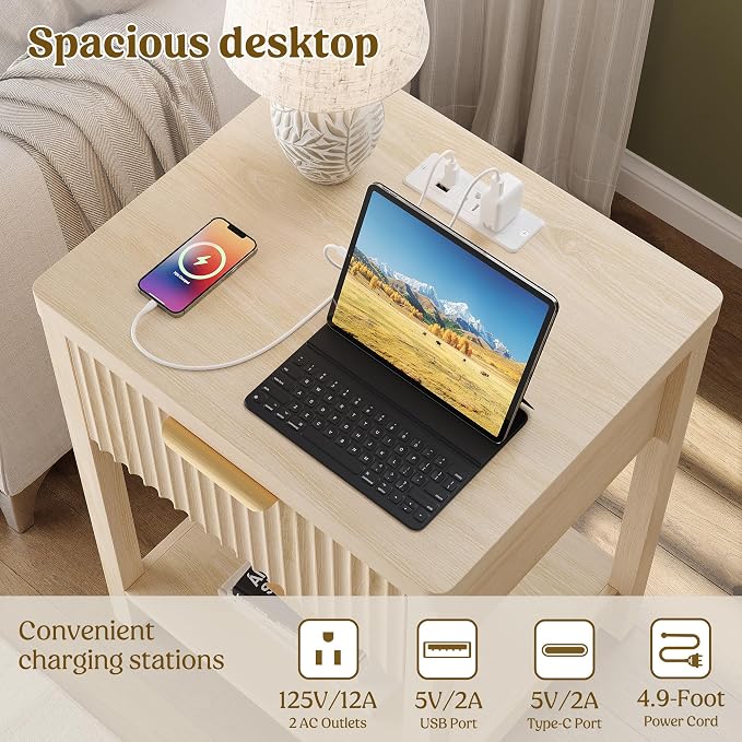 Night Stand Set 1, Fluted Wood Bedside Table w/Socket Station - Image 5