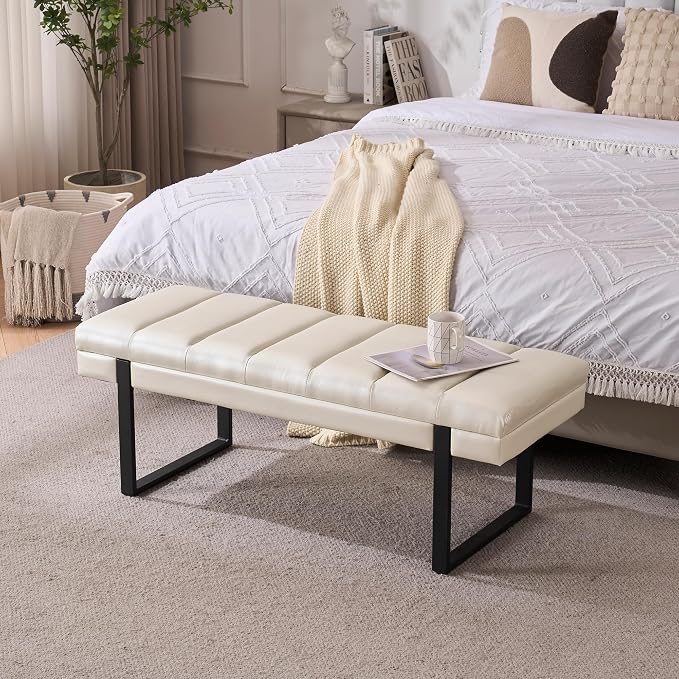 46" Faux Leather Bench for Bedroom End of Bed Window, Upholstered Ottoman - Image 3
