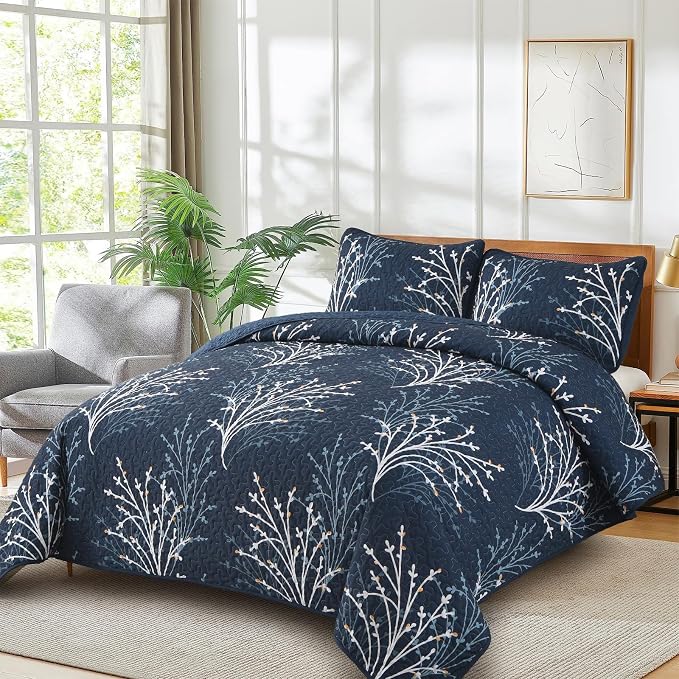 DJY Navy Quilt Set King Size Branch Botanical Bedspread Coverlet Set | 3 Pieces - Image 2