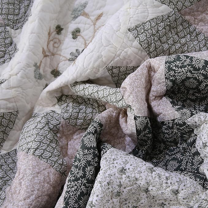 ROOMLIFE Quilt Set King Size 3D Floral Embroidery Pattern 3-Piece Cotton | - Image 8
