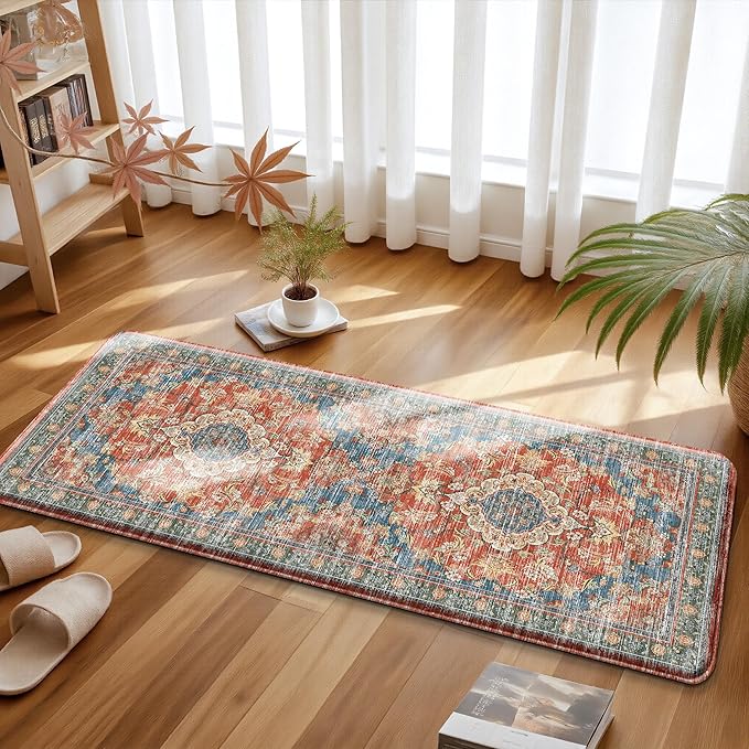 Boho Kitchen Mats for Floor 2 Piece Set Anti Fatigue Cushioned PVC Kitchen Rugs Non Slip Waterproof Farmhouse Mats 2/5 Inch Comfort Standing Mat for Sink, Laundry, 17.3"x47"+17.3"x28", Retro Red