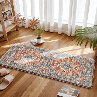 Boho Kitchen Mats for Floor 2 Piece Set Anti Fatigue Cushioned PVC Kitchen Rugs Non Slip Waterproof Farmhouse Mats 2/5 Inch Comfort Standing Mat for Sink, Laundry, 17.3"x47"+17.3"x28", Retro Red