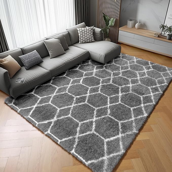 5x7 Area Rugs for Living Room Bedroom, Fluffy Grey and White Faux Fur Bedside - Image 8
