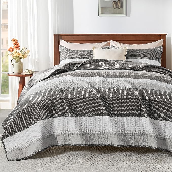 Queen Quilt Set Dark Grey, 3 Pieces Striped Bedspread | Ultra Soft Summer by Andency