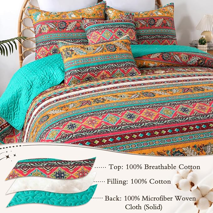 VAPUTAR 100% Cotton Face Quilt Queen Size, Exquisite Quilt Bedding Set | Boho - Image 4