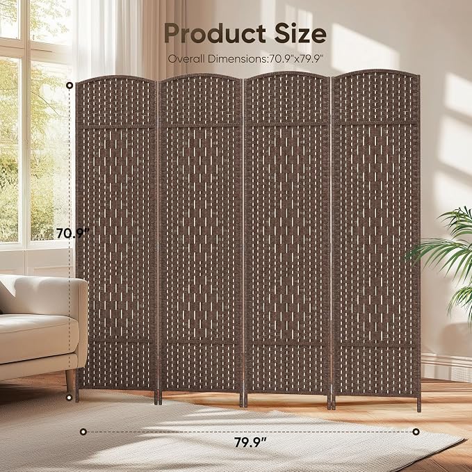 Rattan Room Divider, 4-Panel Folding Privacy Screen 6ft. Extra Wide | Room - Image 2