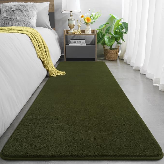 Modern Soft Hallway Runner Rug, 2x6 Olive Green Washable Runner Rug | Fluffy - Image 2
