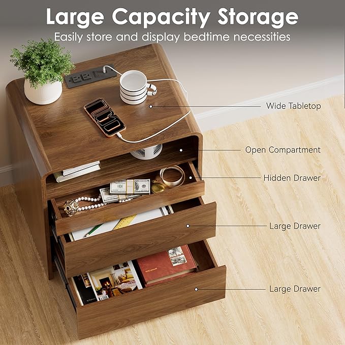 23.8" Modern Nightstand with Hidden Drawers Walnut Night Stand | Walnut Night - Image 5