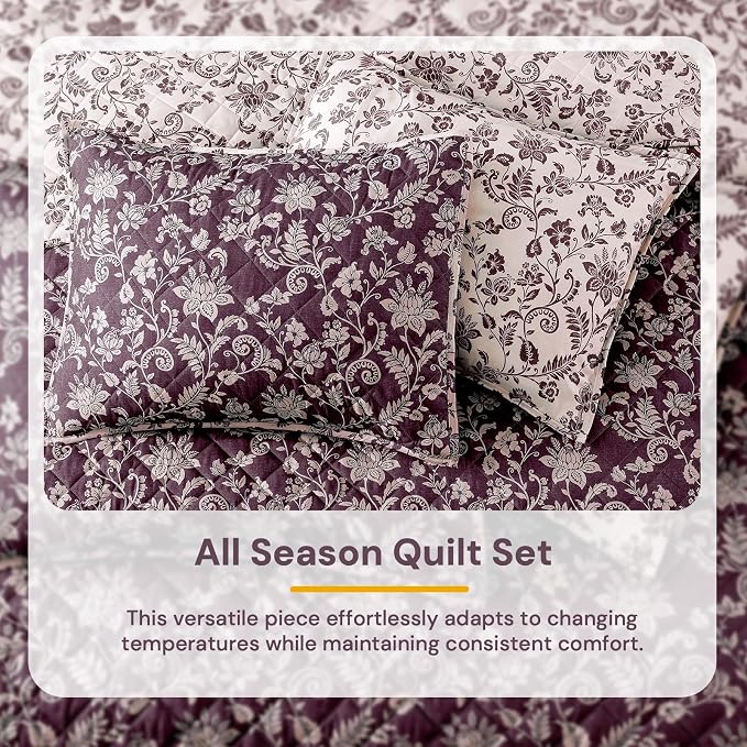 King Quilt Set-3 Pieces Soft Bedding Floral Reversible Coverlet | All Seasons - Image 6