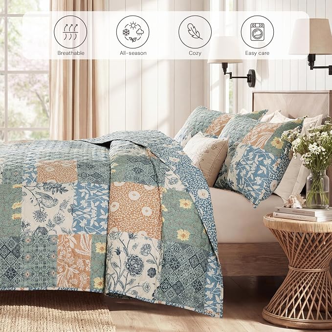 Oversized Queen Quilt Set-3 Pieces Soft Bedding Floral Patchwork Coverlet | All - Image 4