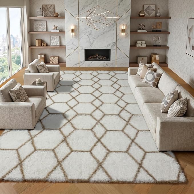 8x10 Area Rugs for Living Room, Fluffy White and Beige Bedroom Rug, Geometric by ONASAR
