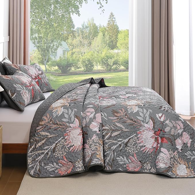 Dintszyayue Quilt Queen Size Grey, Soft Microfiber Lightweight Farmhouse Bed - Image 3