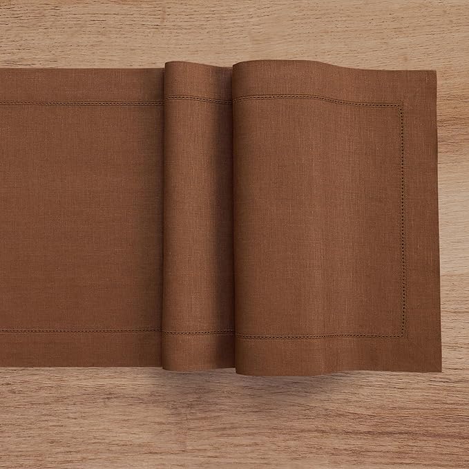 Solino Home Linen Brown Table Runner 48 Inches - Classic Hemstitch, 100% Pure Linen Coffee Table Runner 14 x 48 Inch Ideal for Dresser Tables