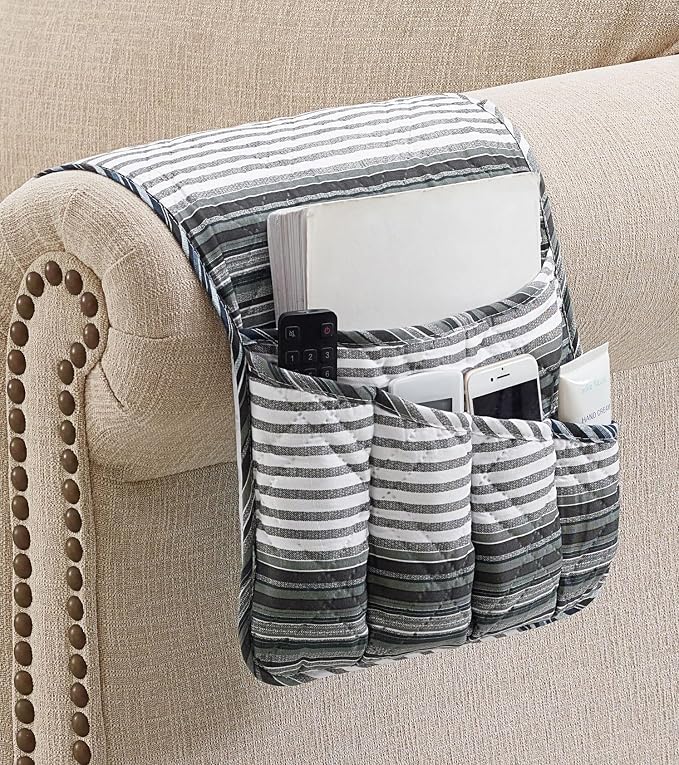 Brilliant Sunshine Multi Grey Stripes Couch Armrest Cover, Armrest Organizer & - Image 3