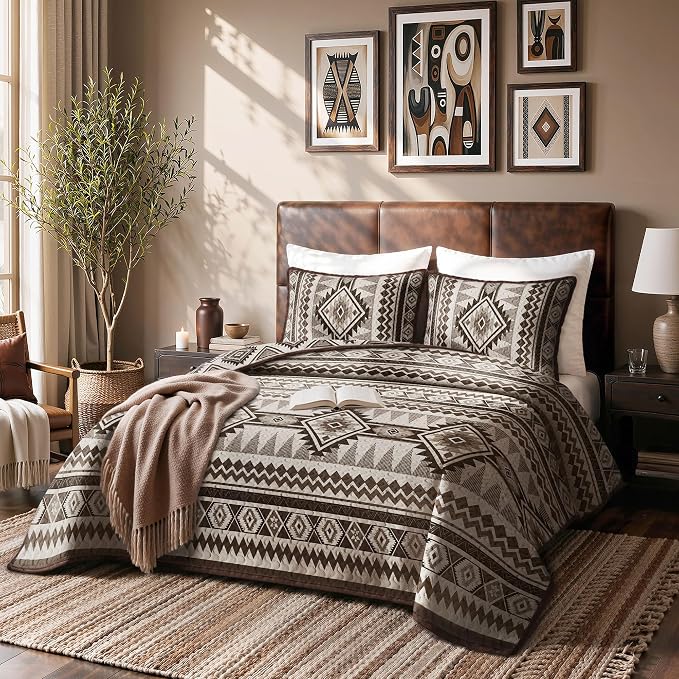 akkialla Reversible Brown Boho King/Cal King Quilt Set, 2-Piece Bohemian Aztec - Image 2