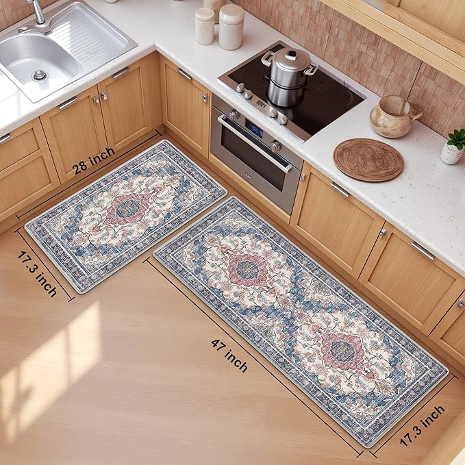 Boho Kitchen Mats for Floor 2 Piece Set Anti Fatigue Cushioned PVC Kitchen Rugs Non Slip Waterproof Farmhouse Mats 2/5 Inch Comfort Standing Mat for Sink, Laundry, 17.3"x47"+17.3"x28", Retro Blue