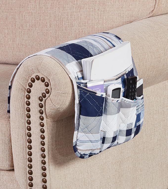 Brilliant Sunshine Blue Plaids & Stripes Couch Armrest Cover, Armrest Organizer - Image 3