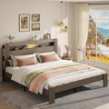 Wooden Bed Frame King Size with Storage Headboard - Farmhouse Platform Bed Frame with Bookcase Shelf & Led Lights, Sturdy Wood Slat Framework Bed Frame (Light Brown LED)