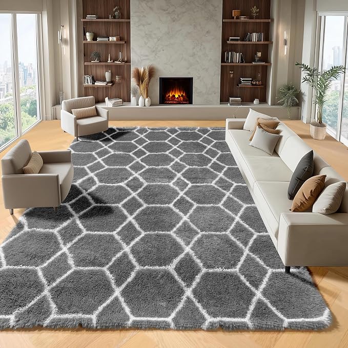 Large Area Rugs for Living Room, 7x10 Grey and White Rug, Moroccan Thick Floor - Image 2