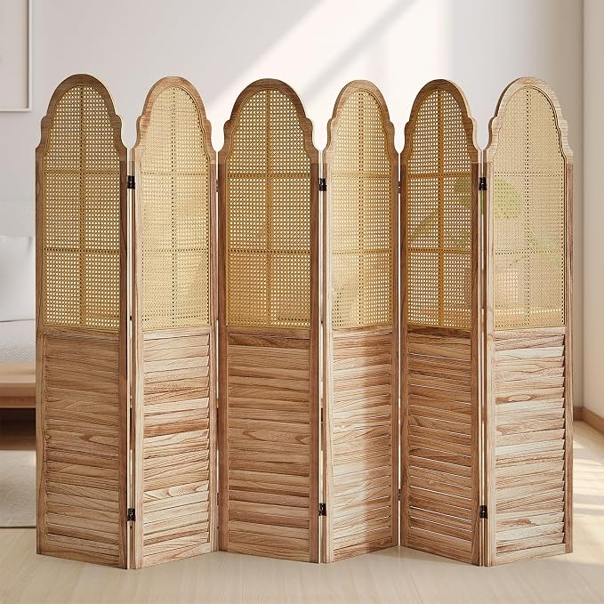 6 Panels Room Divider, Rustic Rattan Room Divider, Wood Folding Privacy Screen - Image 7