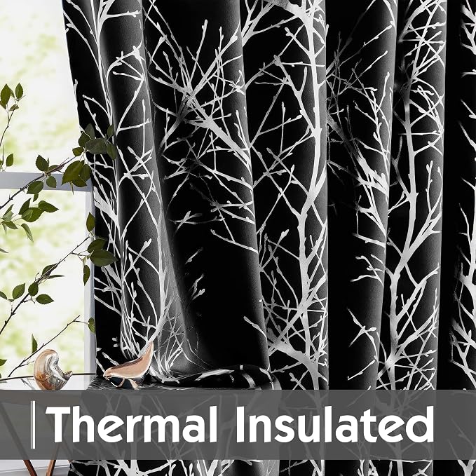FMFUNCTEX 100% Blackout Black Silver Foil Tree Curtains 96 Inch 2 Panels | - Image 5